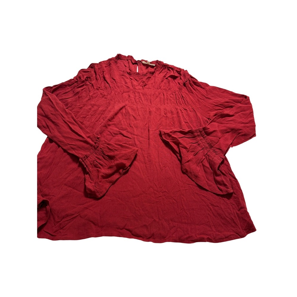 Easel Bell Sleeve Blouse Womens Small Deep Rust Ruffle Neck Boho Rayon Top